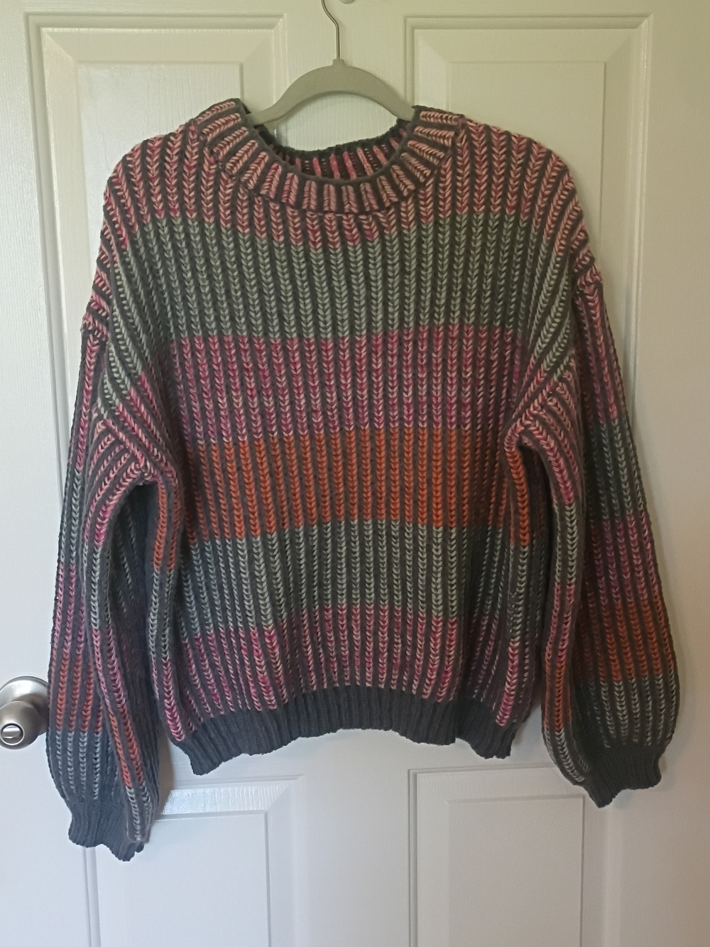 Women's Striped Crewneck Sweater in Green, Pink & Orange